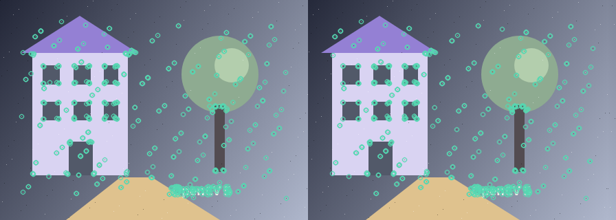Detected ORB features: Circles mark detected features in each frame. Each feature also has a binary descriptor; correspondence has not been established yet.