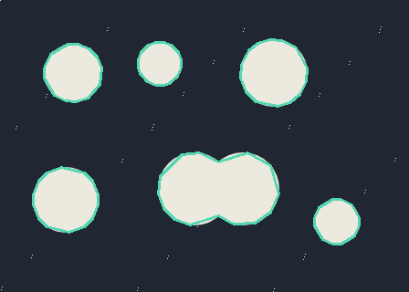 Simplified contours: Green polygons approximate the retained external outlines. The next step measures the original contours and marks their centroids.