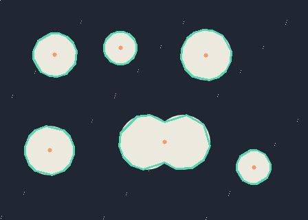 Result: 6 shapes.
Area 1893.0 px², perimeter 163.2 px, circularity 0.893, centroid (368.5, 242.5)
Area 3954.0 px², perimeter 236.0 px, circularity 0.892, centroid (71.5, 218.5)
Area 8739.0 px², perimeter 384.7 px, circularity 0.742, centroid (239.0, 206.5)
Area 3117.0 px², perimeter 209.8 px, circularity 0.890, centroid (79.5, 79.5)
Area 1741.0 px², perimeter 155.2 px, circularity 0.908, centroid (174.5, 69.5)
Area 4185.0 px², perimeter 242.8 px, circularity 0.892, centroid (299.5, 79.5)